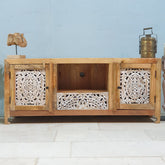 Indian Hand Carved Solid Wood Tv Unit 144X40X60 Cm Natural